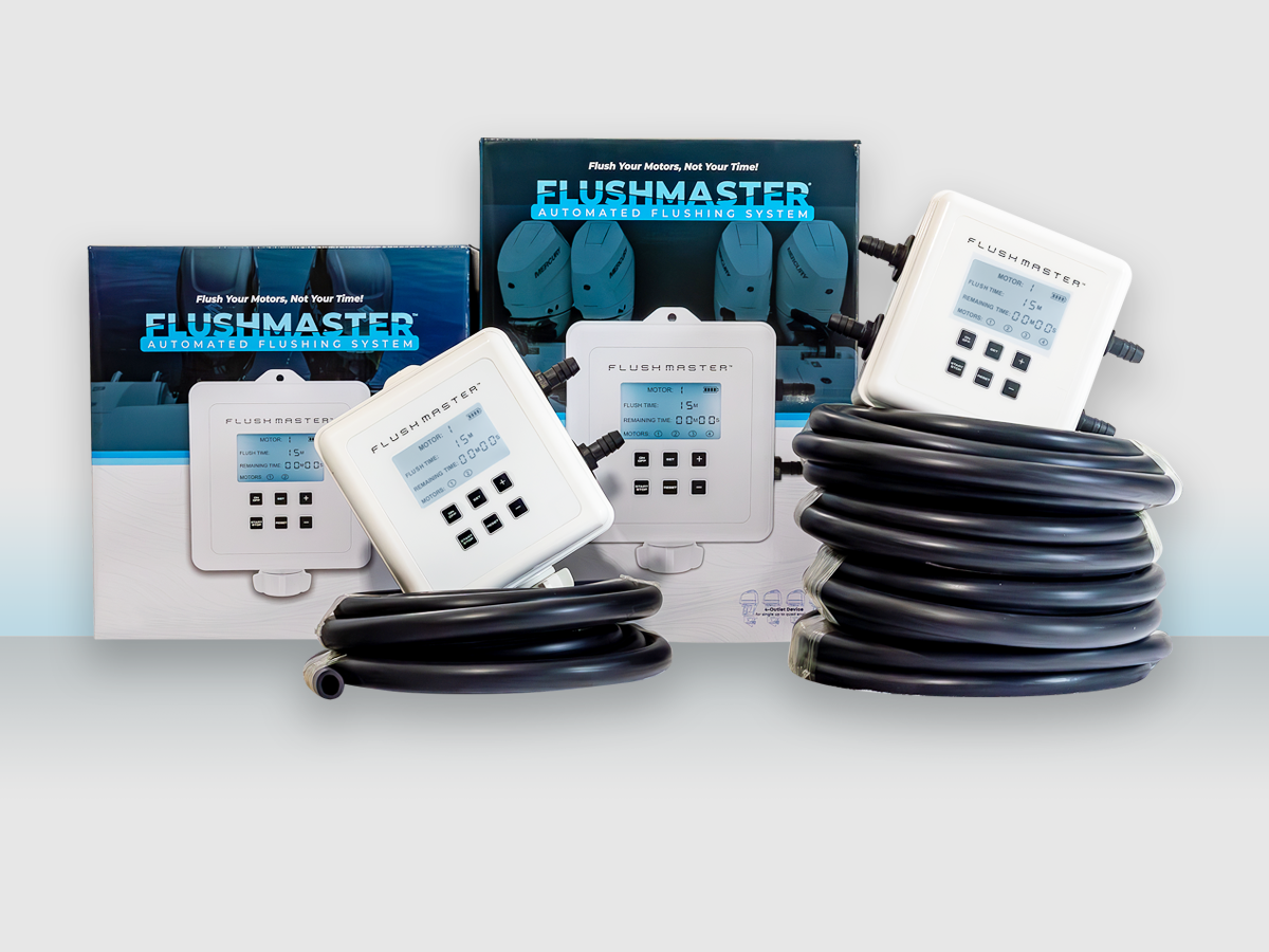 Flushmaster 2-Outlet and 4-Outlet Controllers with coiled hoses and packaging