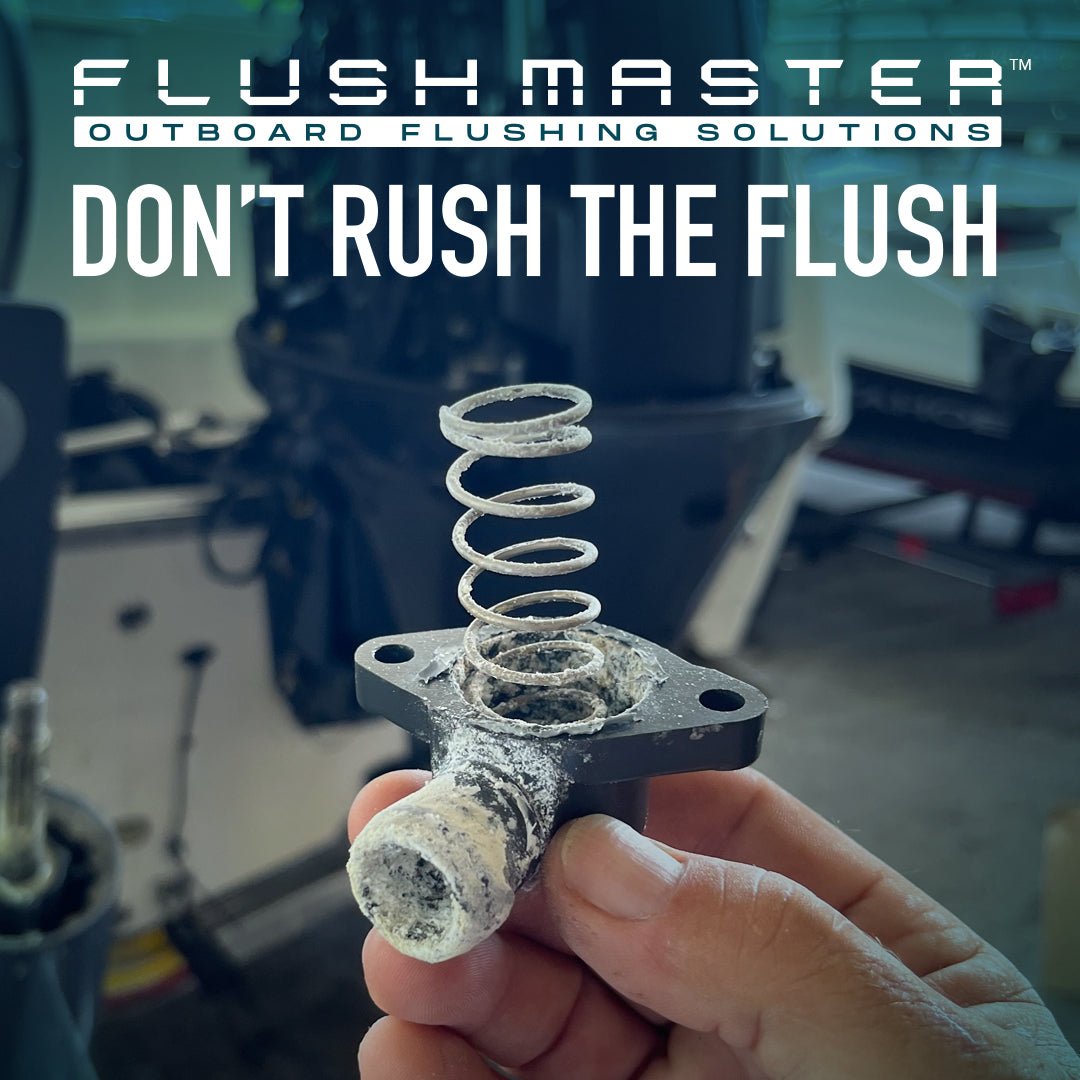 Flushmaster Don’t Rush the Flush graphic with a corroded spring and fitting