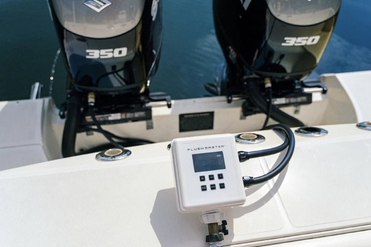 Flushmaster Controller and separate hoses connected to twin Suzuki outboards