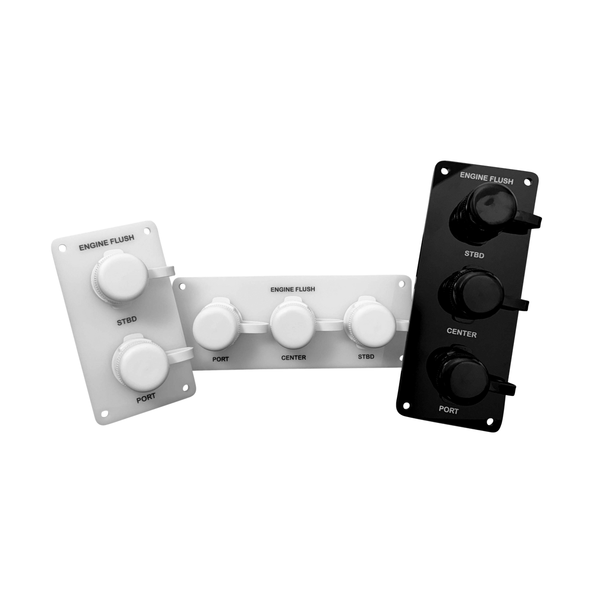 Black and white Flush Port Reroute plates in horizontal and vertical layouts