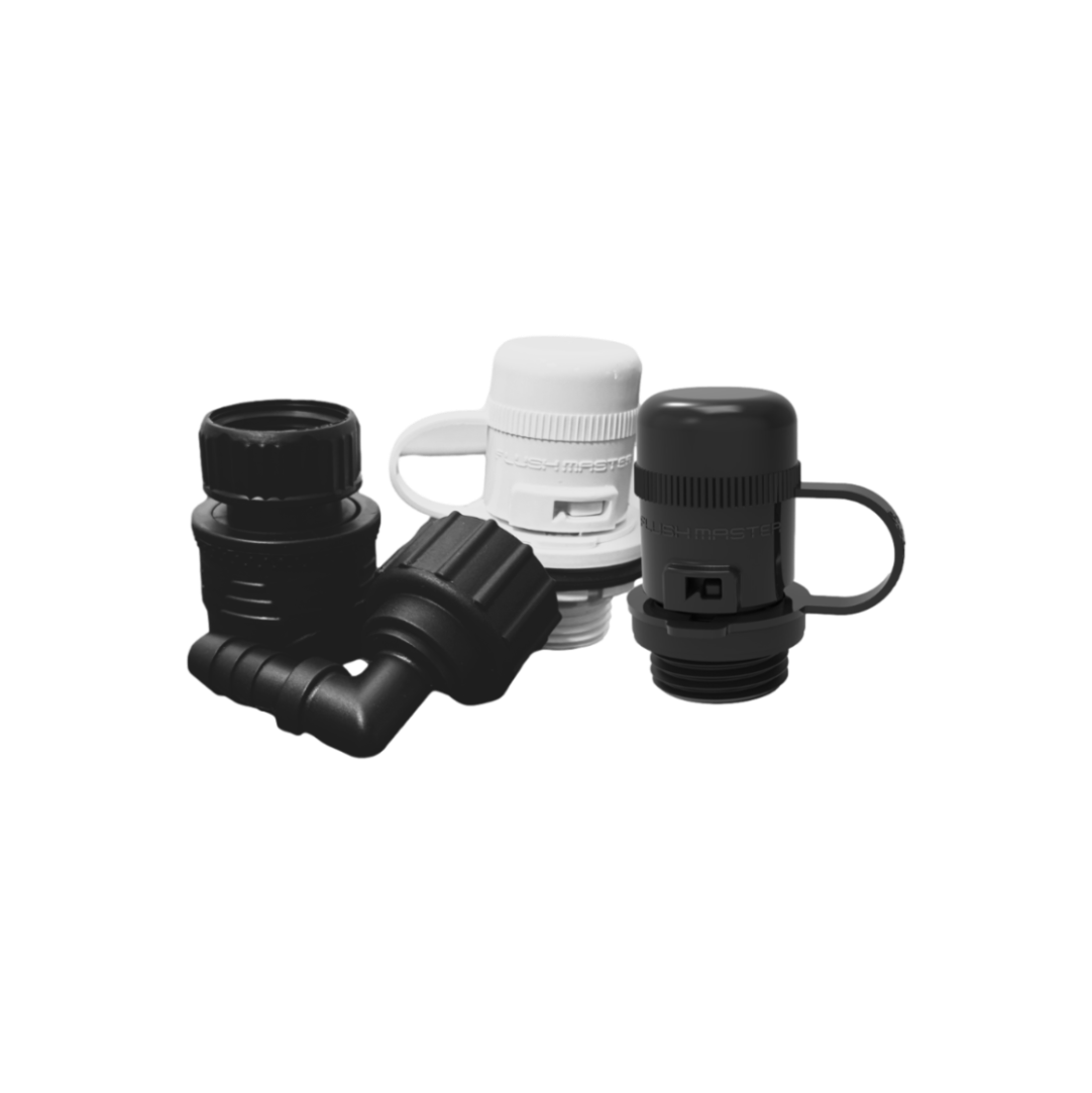 Black and white Flush Port Quick Connect fittings with tethered caps