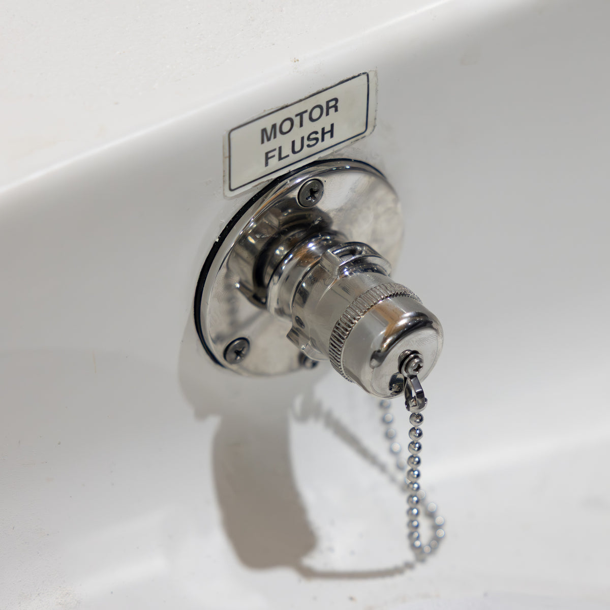 Stainless steel Quick Connect Water Inlet mounted below a Motor Flush label, cap open