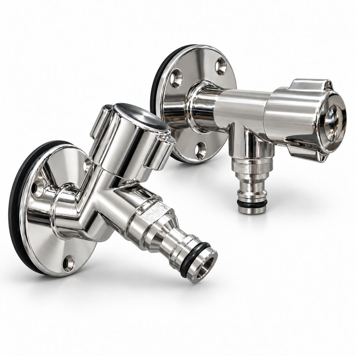 Flushmaster 45-degree and 90-degree solid 316 stainless steel Quick Connect Water Spigots displayed together.