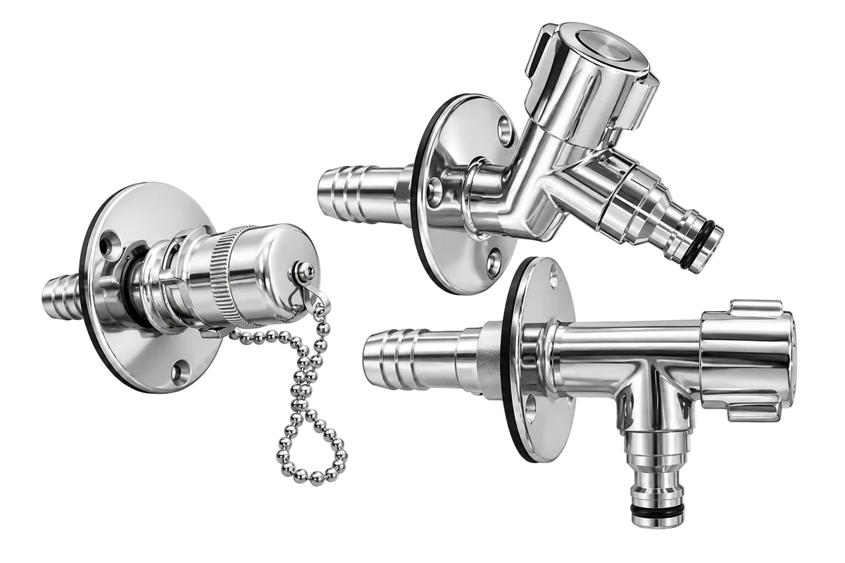 Flushmaster Water Inlet, 45-degree Water Spigot and 90-degree Water Spigot grouped on their sides against a clean white studio background.