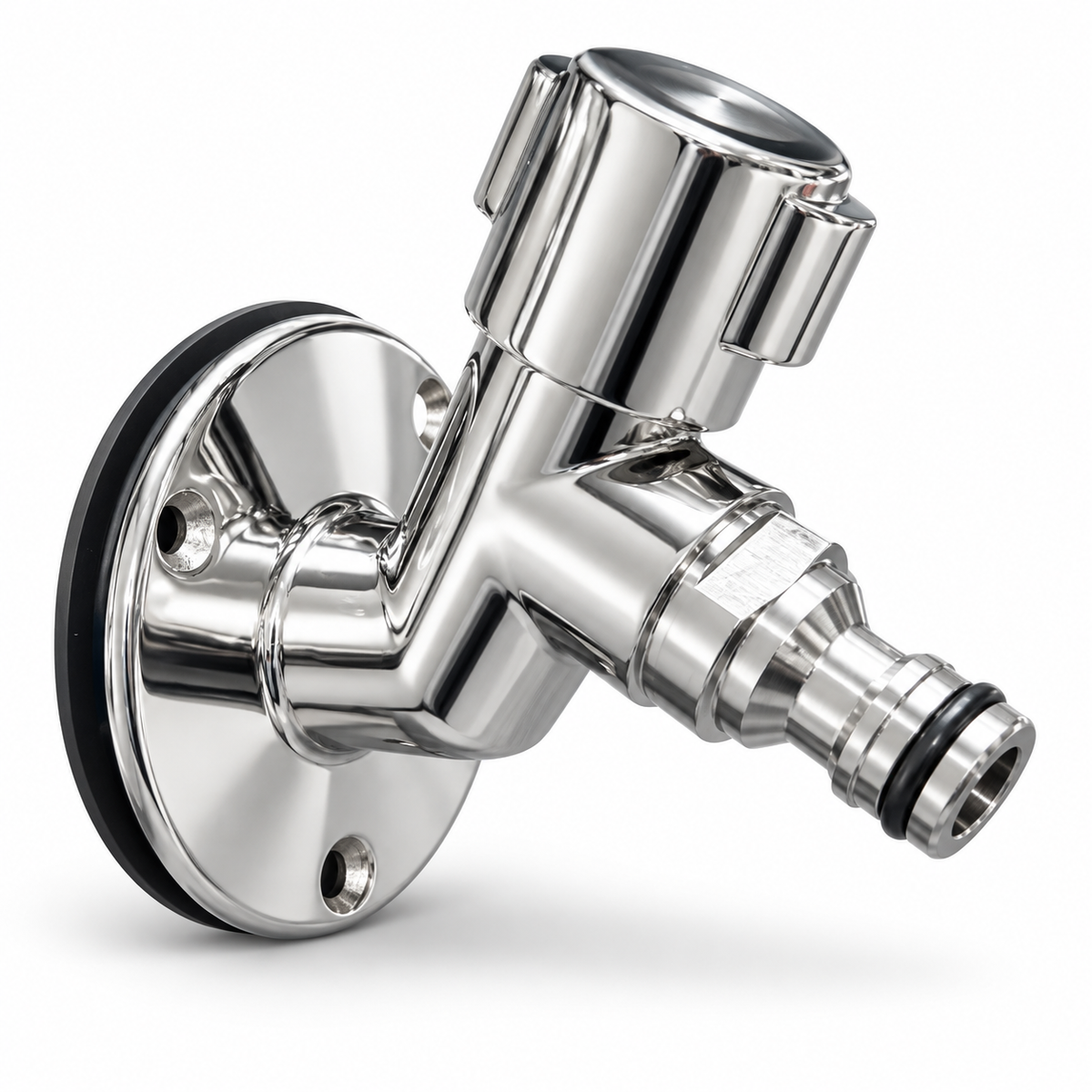 Flushmaster 45-degree Quick Connect Water Spigot, solid 316 stainless steel with quarter-turn valve