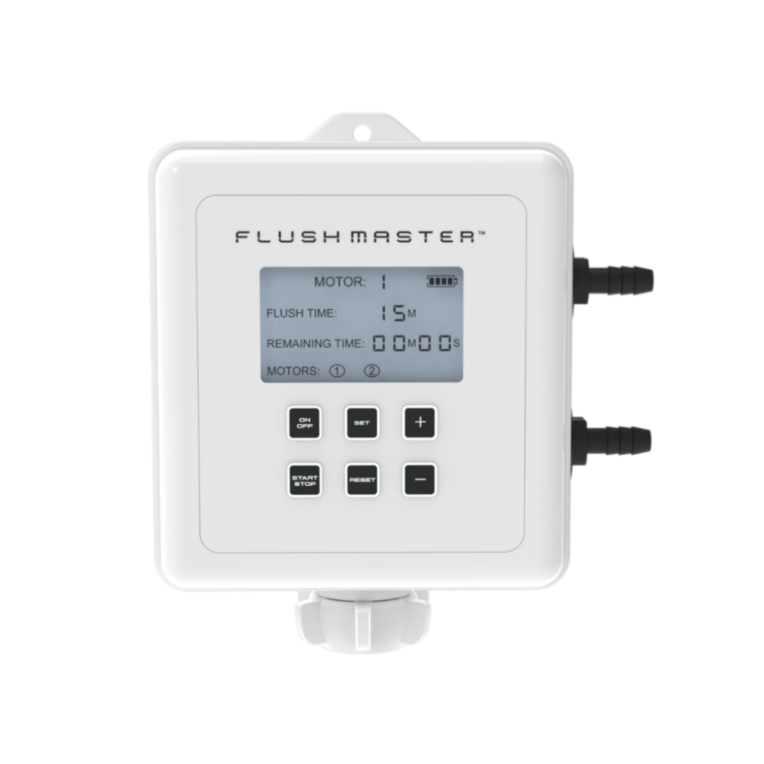 2-outlet Flushmaster system with a sleek, dual-hose design for efficiently flushing two boat engines simultaneously, highlighting robust construction and ease of use.