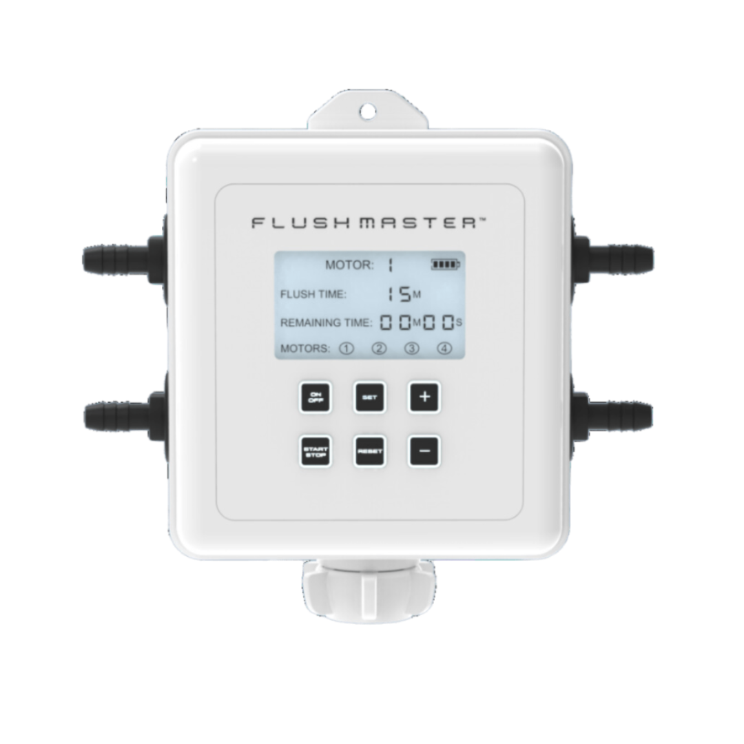 Flushmaster 4-Outlet Controller, front view with display, buttons and four hose outlets