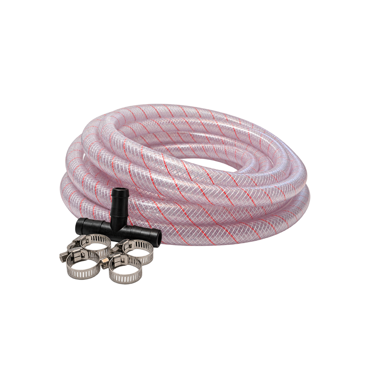 Reroute Install Kit with 25 ft of reinforced hose, one tee fitting and four hose clamps; representative photo for both hose sizes