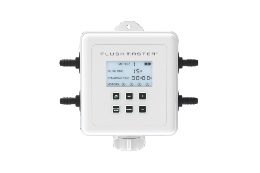 Flushmaster 4-Outlet Controller showing the front display and four hose outlets