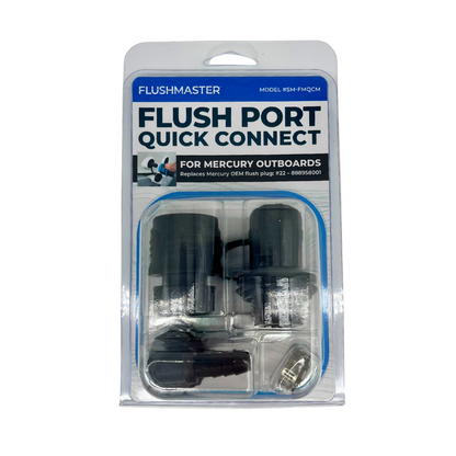 Packaging for Flush Port Quick Connect kit for Mercury, highlighting the complete set of components for marine engine maintenance.