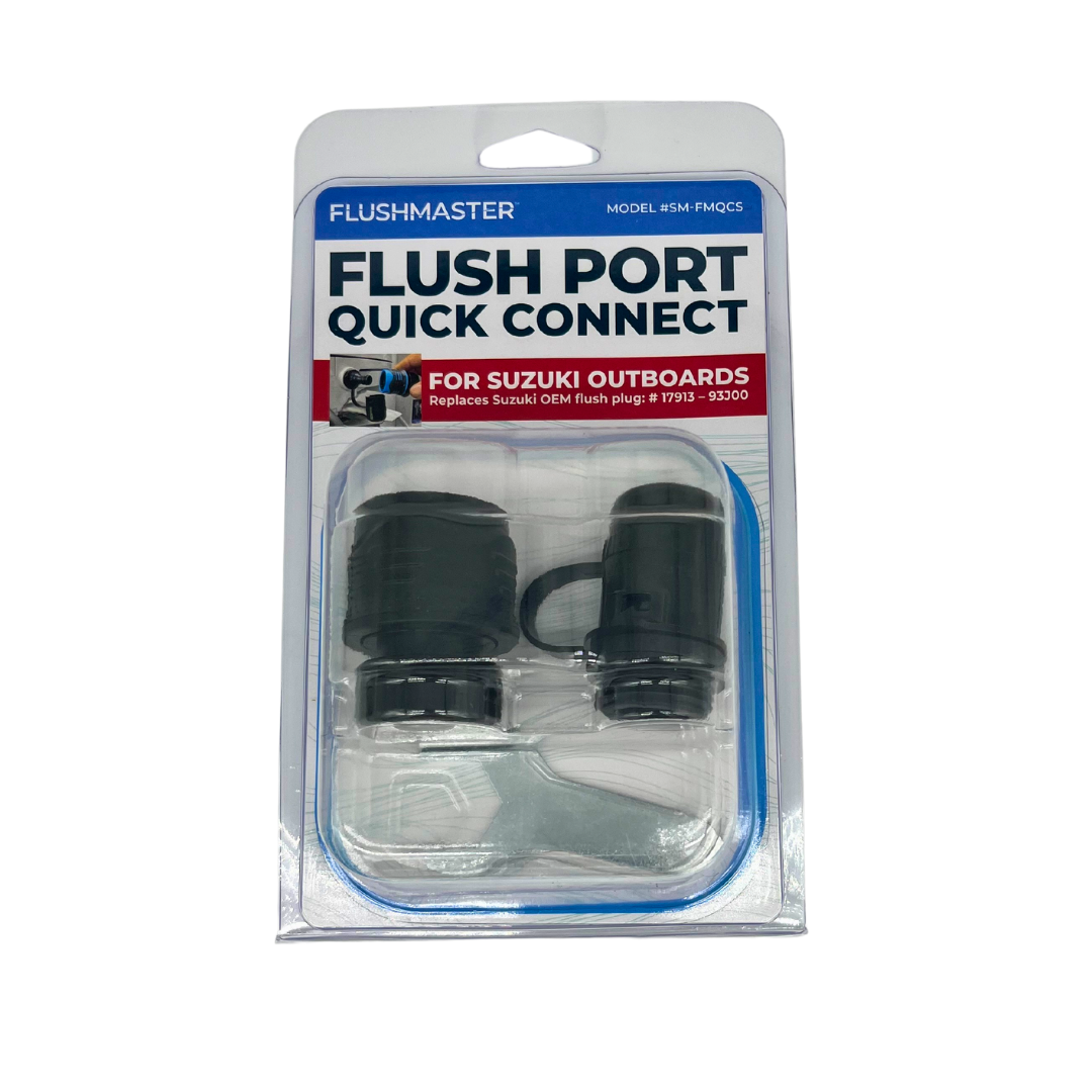 Packaging for Flush Port Quick Connect kit for Suzuki, highlighting the complete set of components for marine engine maintenance.