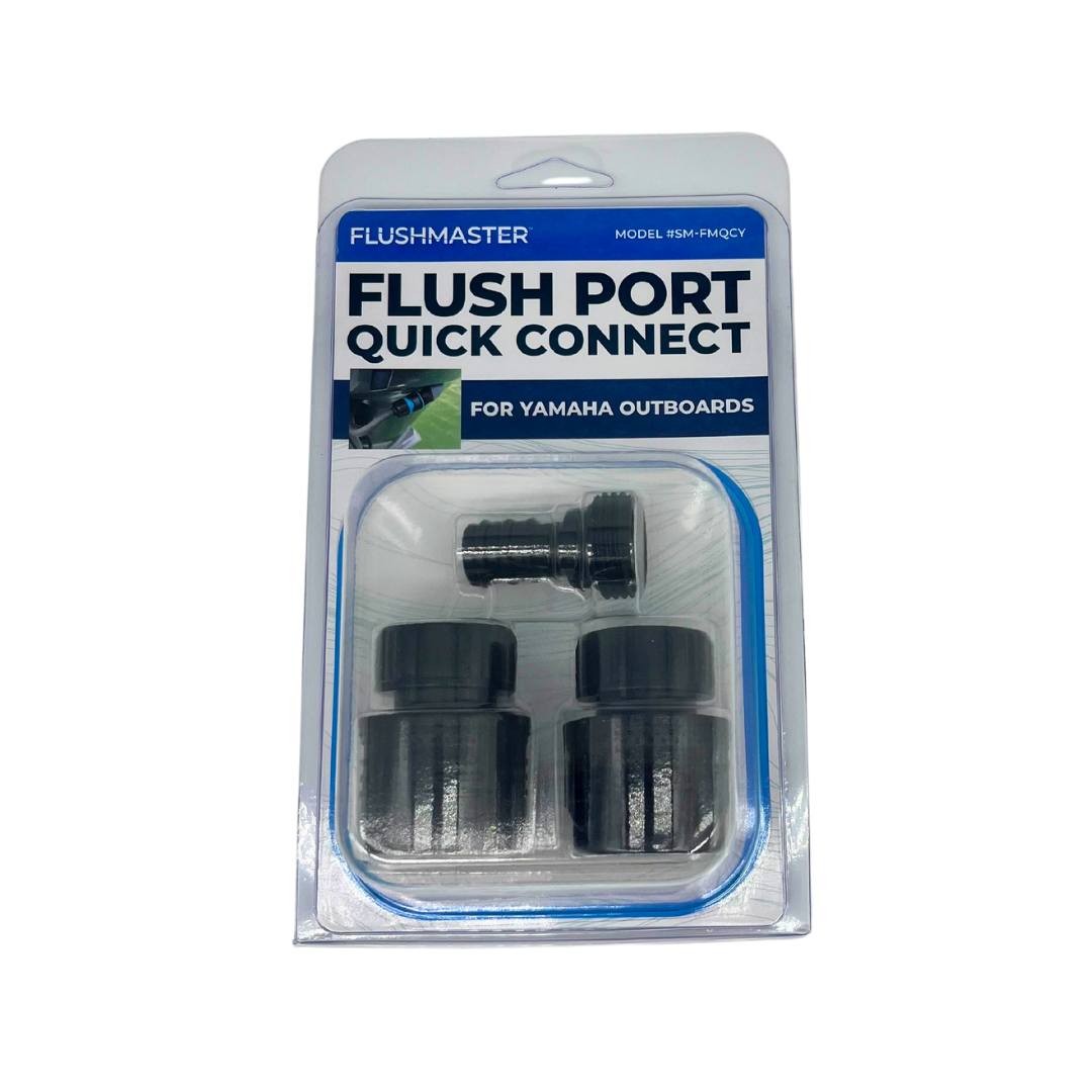 Packaging for Flush Port Quick Connect kit for Yamaha, highlighting the complete set of components for marine engine maintenance.