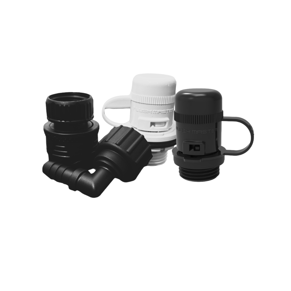 Black and white Flush Port Quick Connect fittings with tethered caps