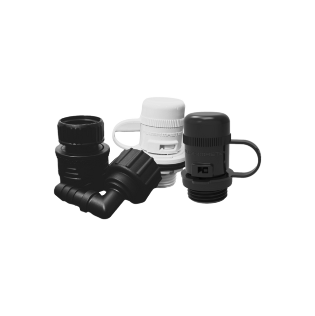 Black and white Flush Port Quick Connect fittings shown together