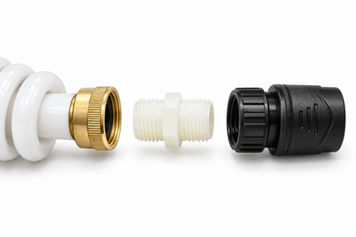 Coiled hose female end, included nylon male-to-male fitting, and included Female Quick Connect Adapter shown in connection order