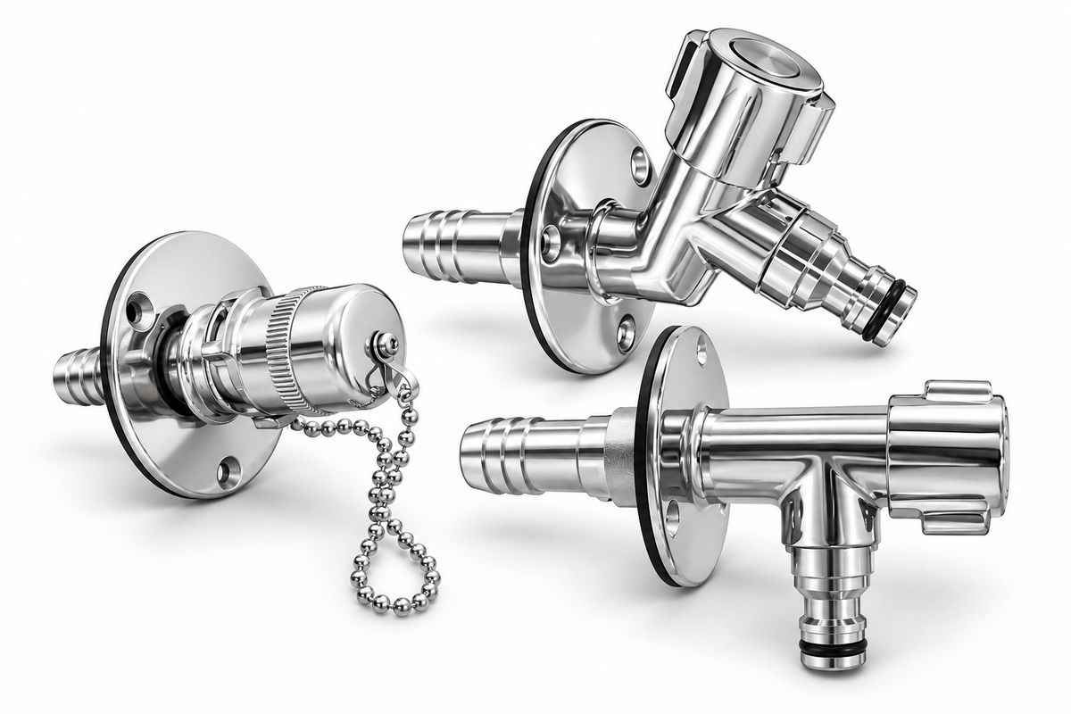 Flushmaster Water Inlet, 45-degree Water Spigot and 90-degree Water Spigot grouped on their sides in a white studio setting