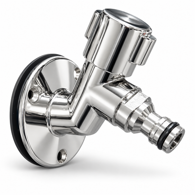 Flushmaster 45-degree Quick Connect Water Spigot, solid 316 stainless steel with quarter-turn valve