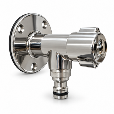 Flushmaster 90-degree Quick Connect Water Spigot, solid 316 stainless steel with downward quick-connect tip