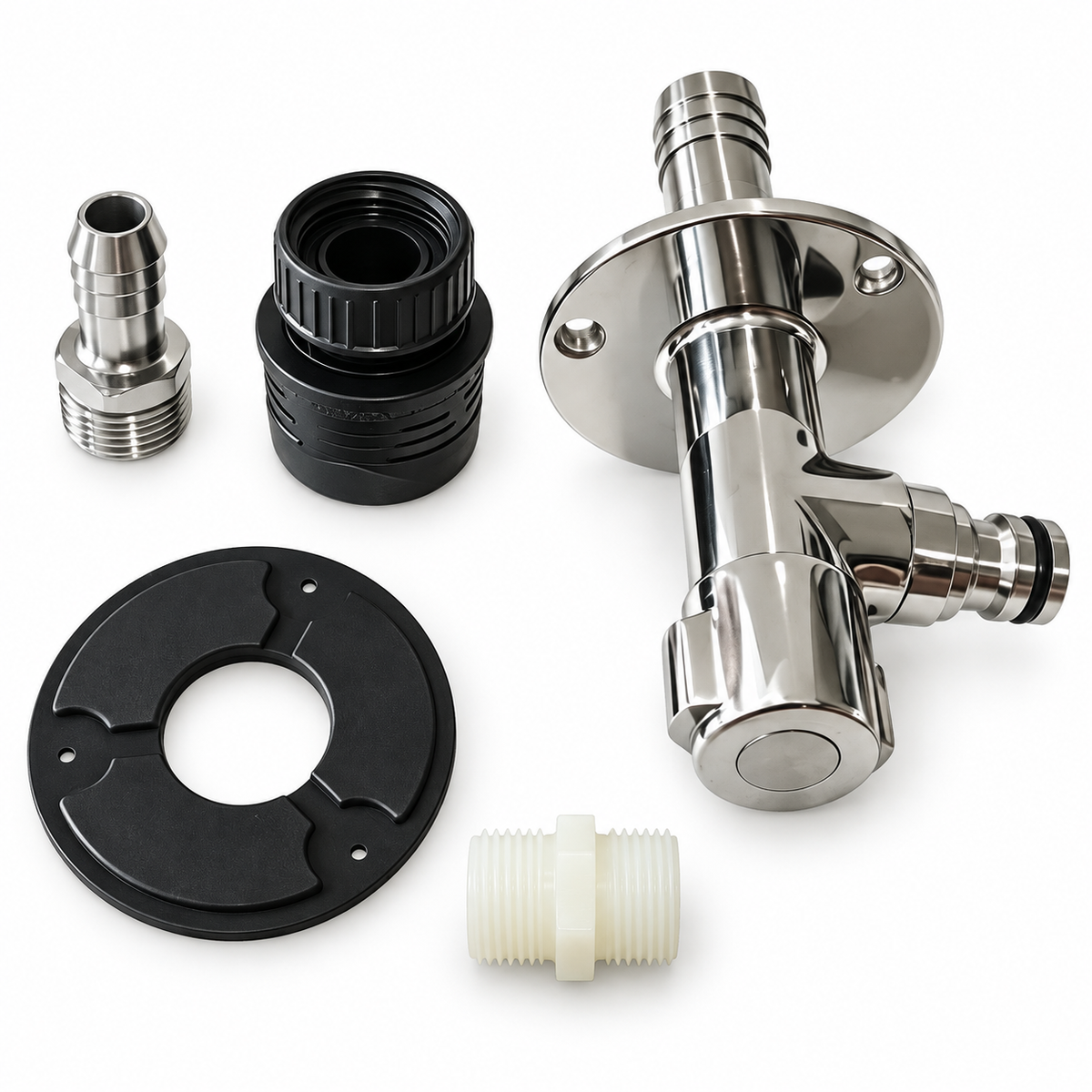 90-degree Water Spigot with installed 3/4-inch barb, Female Quick Connect Adapter, loose 1/2-inch barb, nylon male-to-male fitting and molded rubber gasket