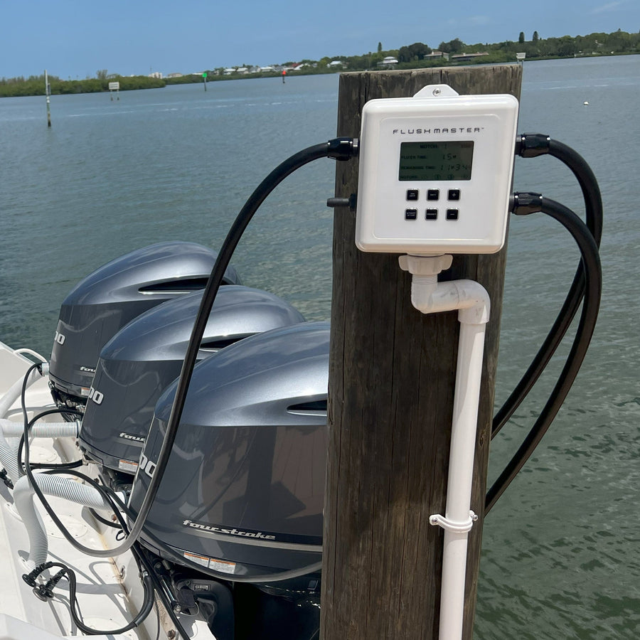 Labeled 4-Outlet Flushmaster Controller showing the inlet, outlets and controls