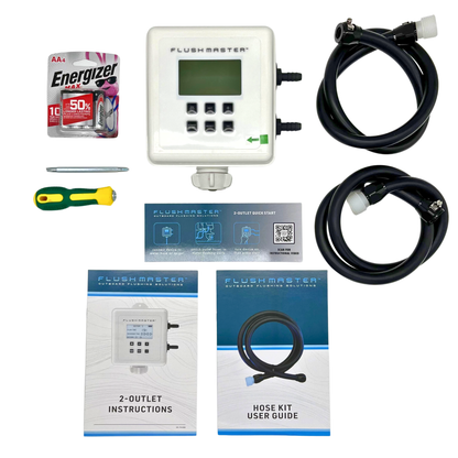 Flushmaster 2-outlet system box contents, displaying all included components for effective marine engine flushing.