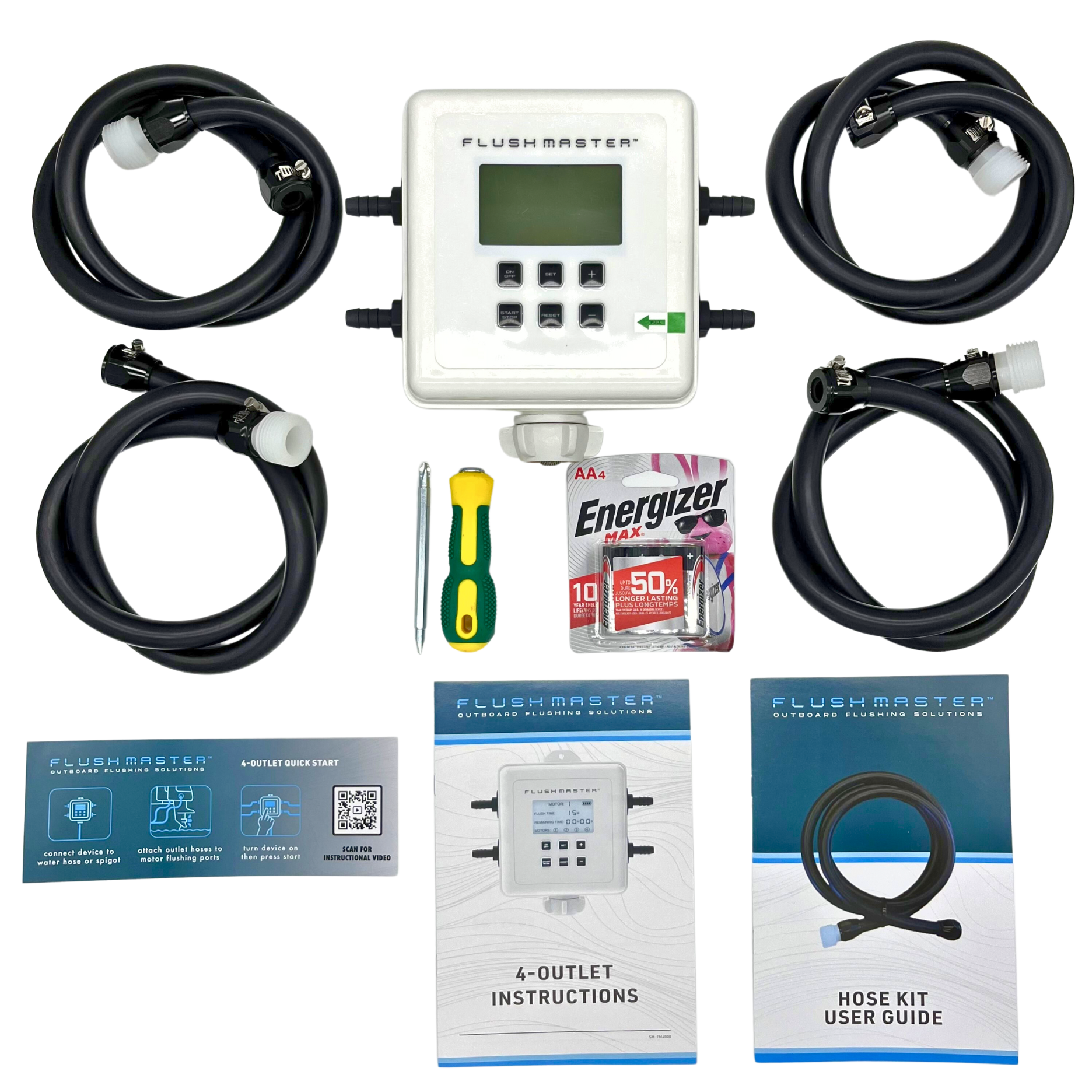 Flushmaster 4-outlet system box contents, showcasing all included components for efficient marine engine flushing.