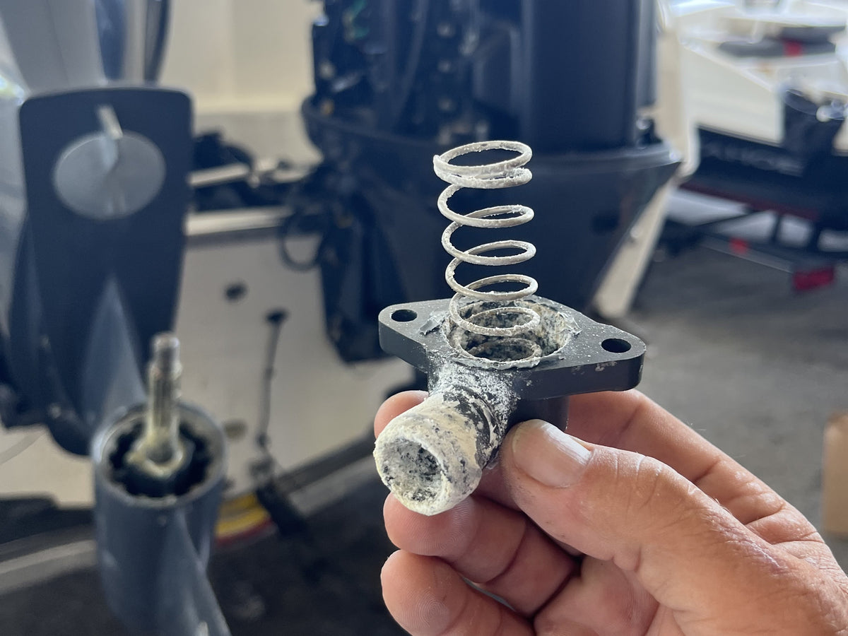 Corroded outboard cooling-system component with heavy white deposits on its spring and housing