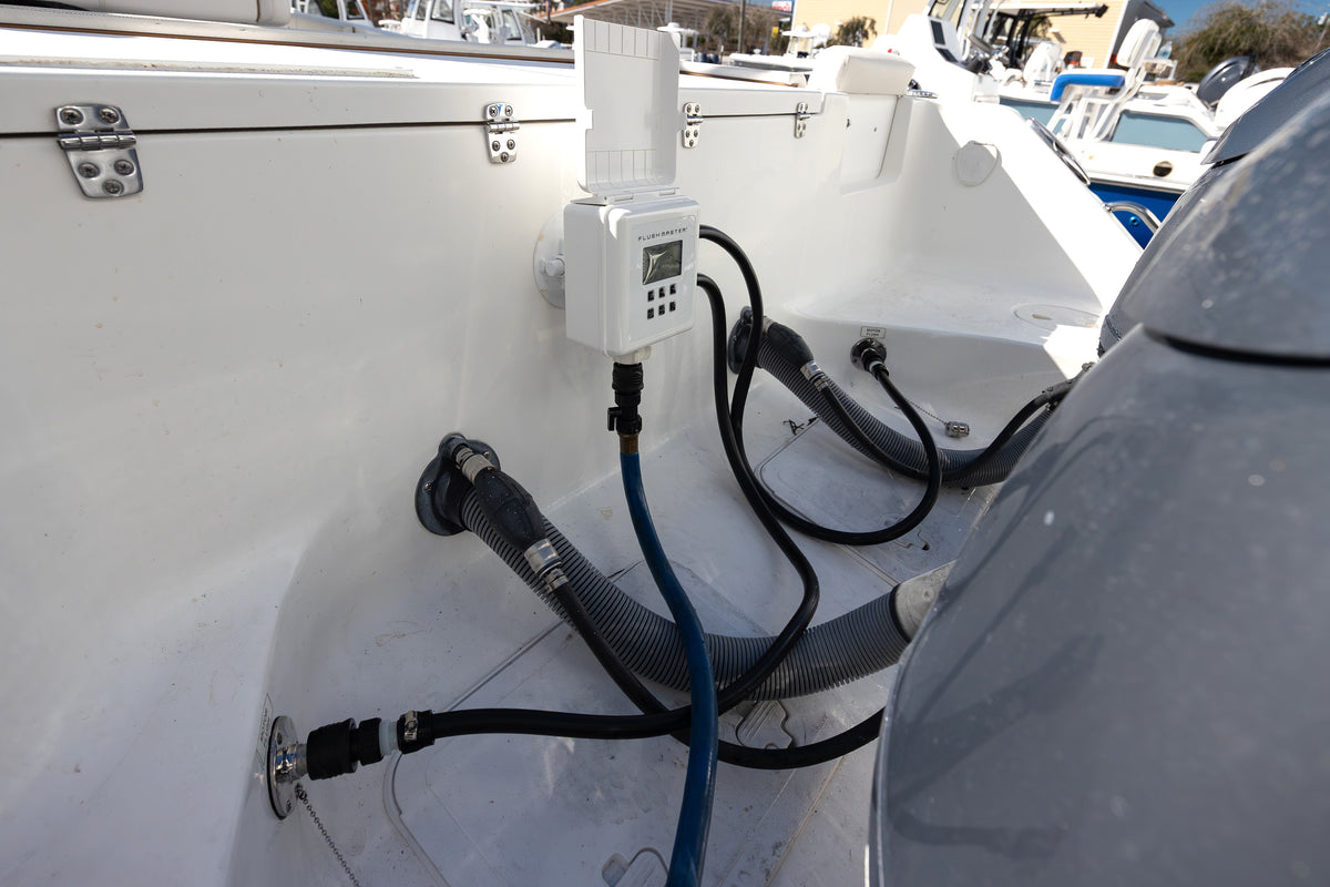 Onboard quick-connect inlets connected to an existing engine-flushing installation.