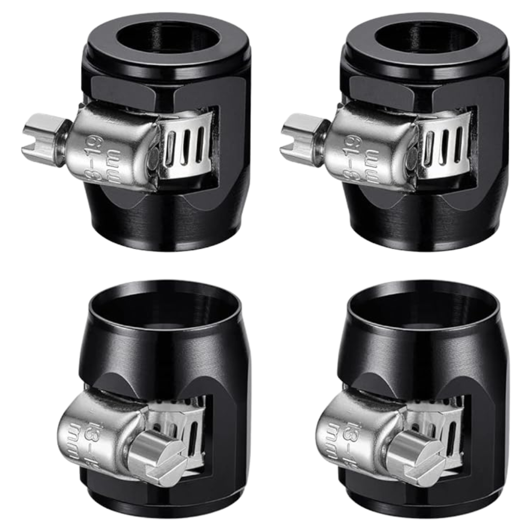 Replacement anodized stainless steel black hose clamps by Flushmaster, designed for secure and durable connections in marine engine flushing systems.