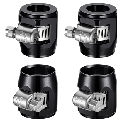 Replacement anodized stainless steel black hose clamps by Flushmaster, designed for secure and durable connections in marine engine flushing systems.