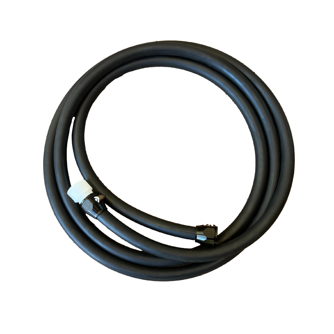 Flushmaster hose on a white background, highlighting its flexible and durable design for effective marine engine flushing.