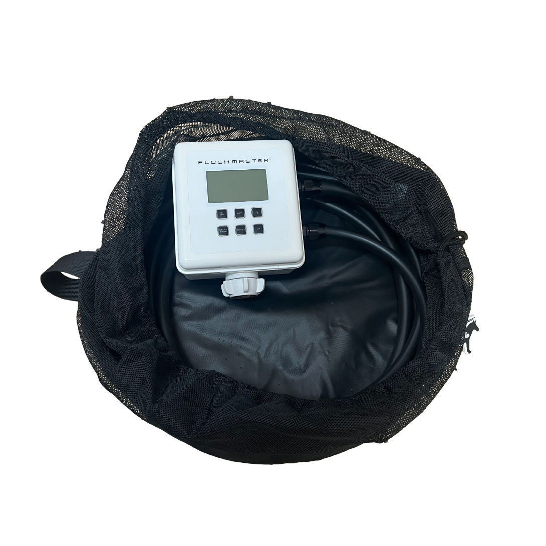 Flushmaster flush kit storage bag showcasing durable construction and convenient design for easy transport and storage of flushing equipment.