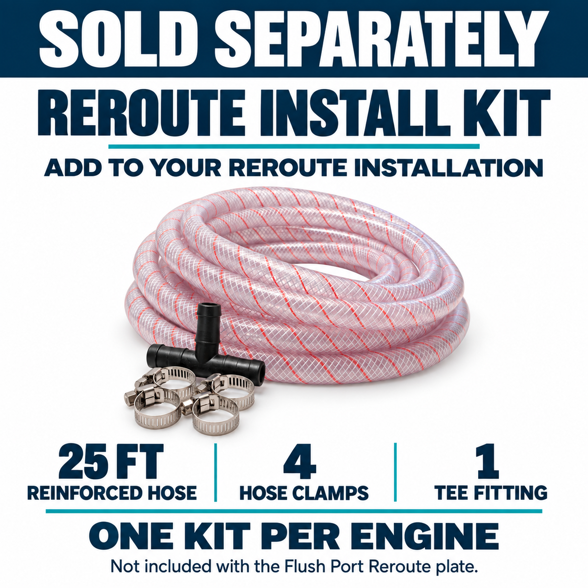 Reroute Install Kit sold separately from the Flush Port Reroute plate: one kit per engine, with 25 ft reinforced hose, four hose clamps and one tee fitting.