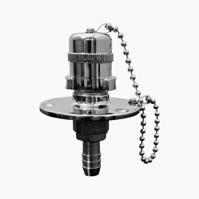 Stainless steel Quick Connect Water Inlet, upright view with hose barb and locking cap